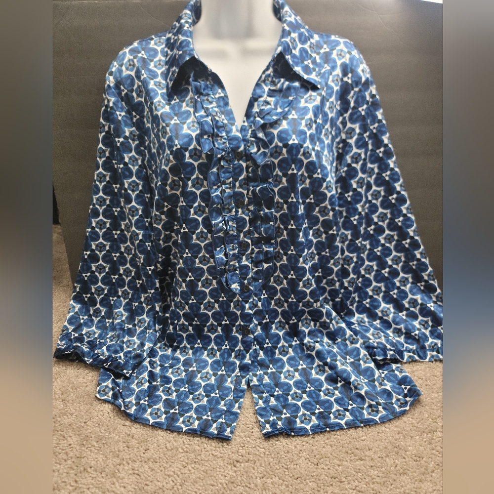 J M Collection Navy/White Polka Dots Ruffle Silky Blouse Size 16